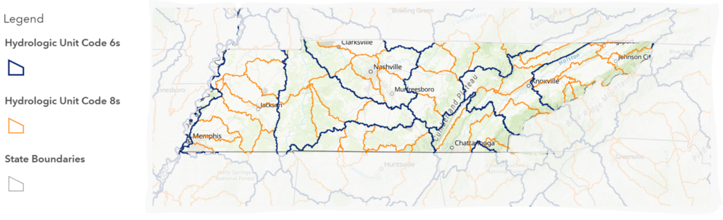 Figure 2. Hydrologic unit codes (HUC) 8s watersheds nested in HUC 6s of Tennessee