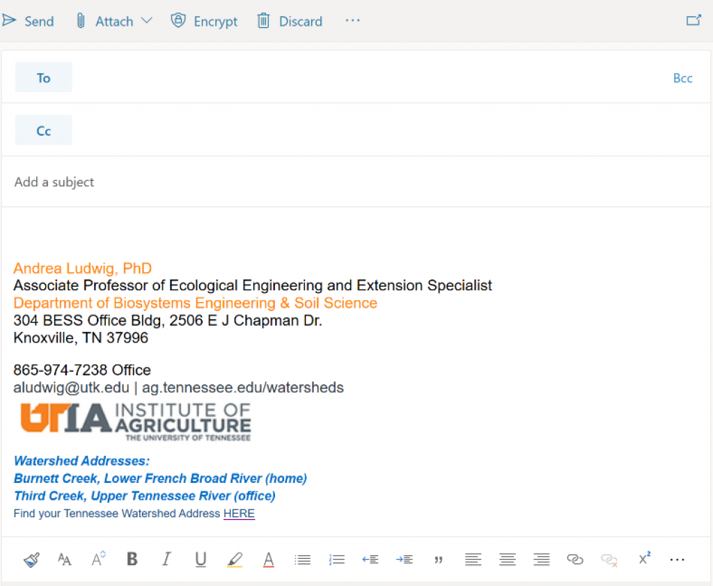 Watershed Address - Figure 4. Example of how to include watershed address information into an email signature, helping to raise awareness among our communities with each email sent.